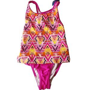 SPEEDO Girls Size 8 Black Pink Tribal Diamond 2-Piece TANKINI Bathing Swim Suit